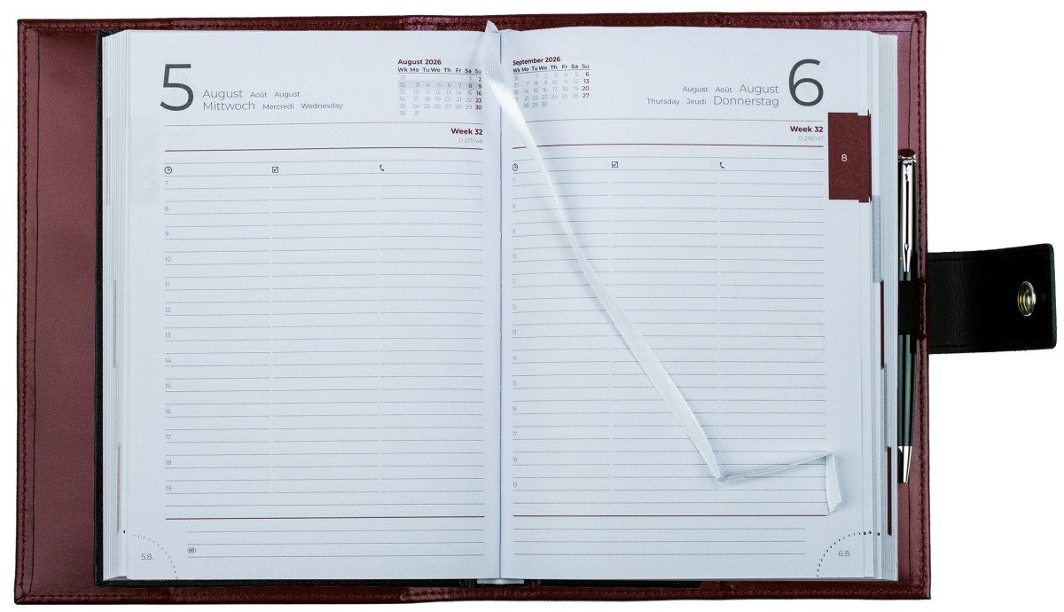 Buchkalender (auswechselbar) DIN A5 für 2026, Cambridge Top Grain Leder, rot